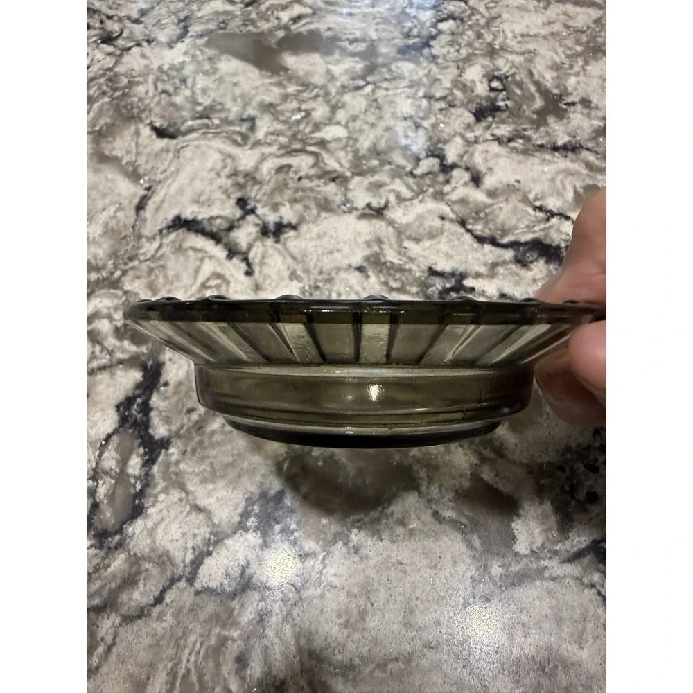Vintage Smoky Gray Glass Ashtray Ribbed Rim Design Round Dish 4.5 Inch